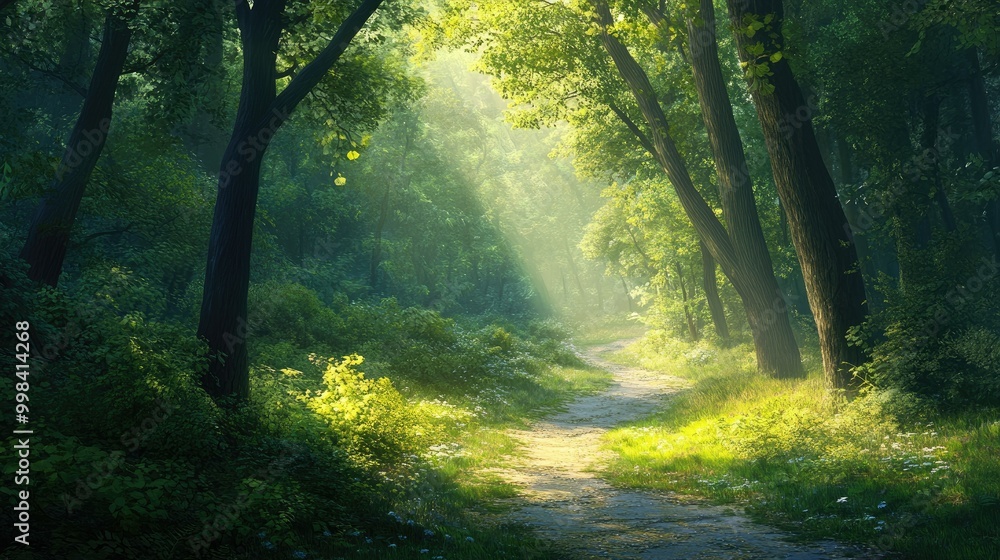 A quiet forest path winding through dense greenery, illuminated by dappled sunlight filtering through the trees. A quiet forest path winding through dense greenery, illuminated by dappled sunlight filtering through the trees.