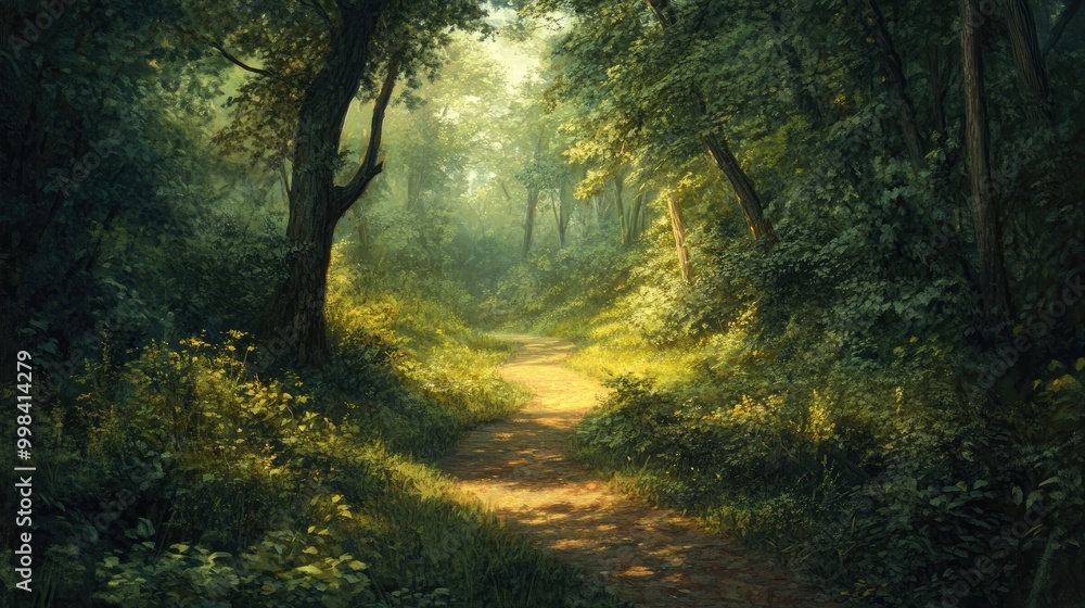 A quiet forest path winding through dense greenery, illuminated by dappled sunlight filtering through the trees. A quiet forest path winding through dense greenery, illuminated by dappled sunlight filtering through the trees.