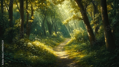 A quiet forest path winding through dense greenery, illuminated by dappled sunlight filtering through the trees.