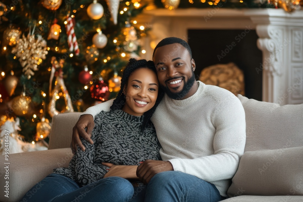 Happy couple sitting together on a cozy couch, celebrating Christmas by the tree Happy couple sitting together on a cozy couch, celebrating Christmas by the tree