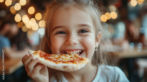 Close-up to a smiling happy little girl eating pizza in pizzeria