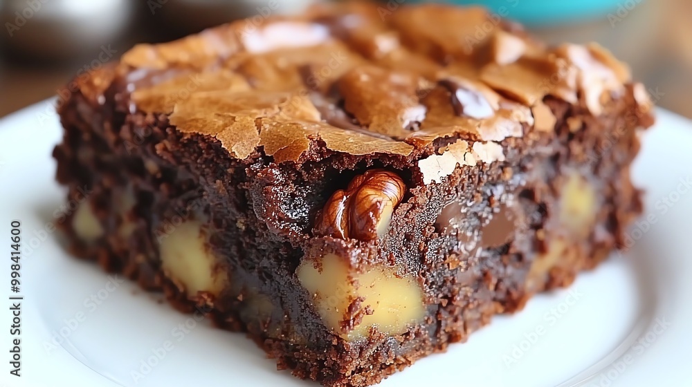 Close up of a chocolate brownie with pecans and chocolate chips on a white plate. Close up of a chocolate brownie with pecans and chocolate chips on a white plate.