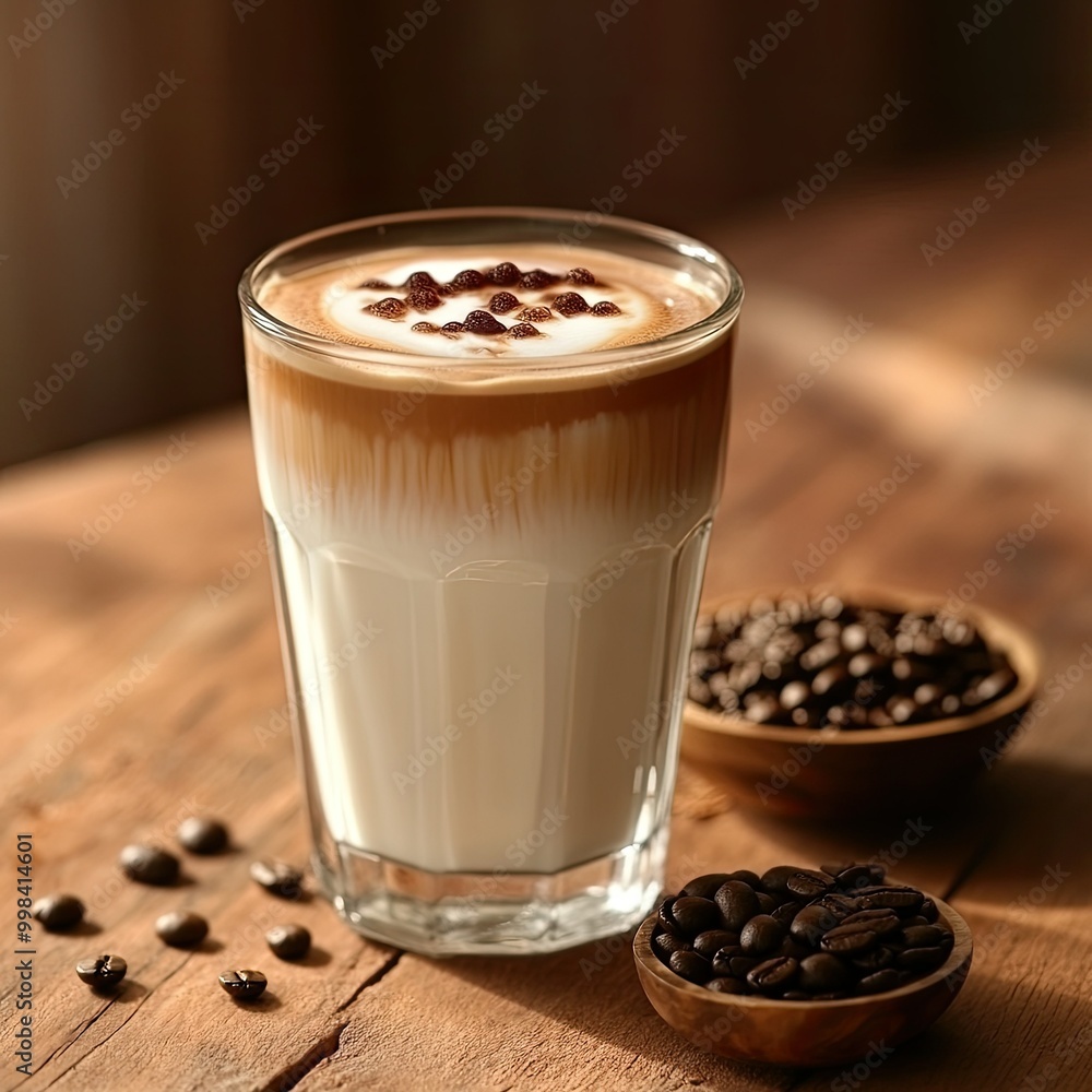 A refreshing iced latte in a glass tumbler with layers of milk and coffee, placed on a wooden table with a small bowl of coffee beans A refreshing iced latte in a glass tumbler with layers of milk and coffee, placed on a wooden table with a small bowl of coffee beans