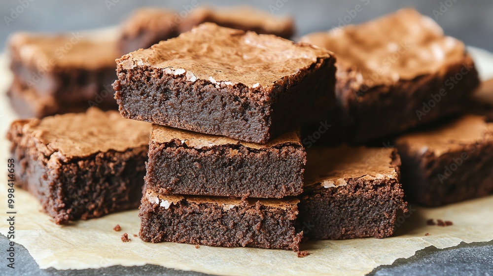 Close up of a stack of freshly baked chocolate brownies on a parchment paper. Close up of a stack of freshly baked chocolate brownies on a parchment paper.