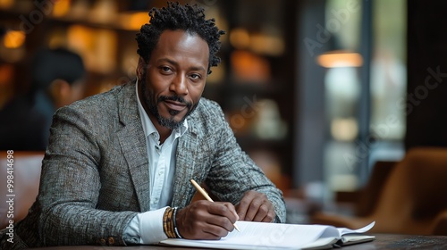 A professional portrait of a black businessman writing, highlighting confidence and focus in a corporate setting.