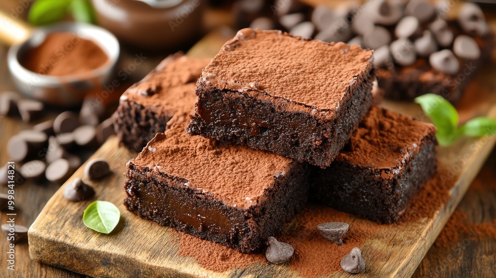 Brownies with a light dusting of cocoa powder, served on a rustic wooden board with baking utensils in the background, Chocolate Brownies, Homemade baking setting Brownies with a light dusting of cocoa powder, served on a rustic wooden board with baking utensils in the background, Chocolate Brownies, Homemade baking setting