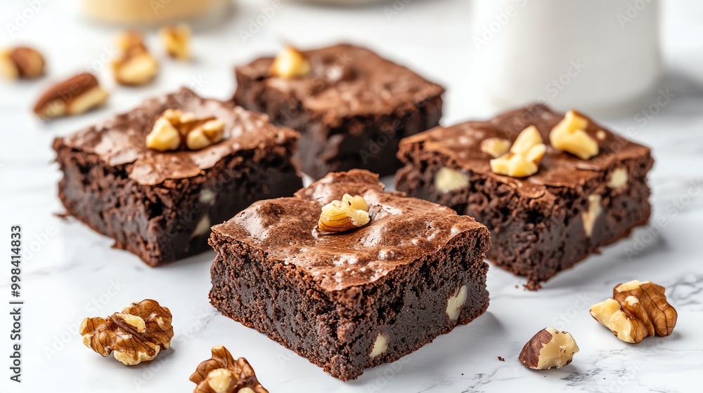 Four squares of fudgy chocolate brownie topped with pecans, white chocolate chips, and a glass of milk. Four squares of fudgy chocolate brownie topped with pecans, white chocolate chips, and a glass of milk.