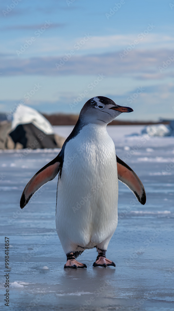 Obraz premium Adorable Gentoo Penguin Standing on Ice with Blue Sky and Icy Background