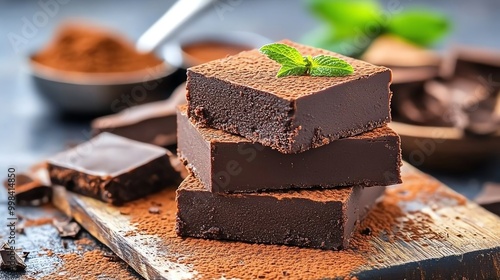 Close up of dark chocolate fudge squares dusted with cocoa powder and a sprig of mint.