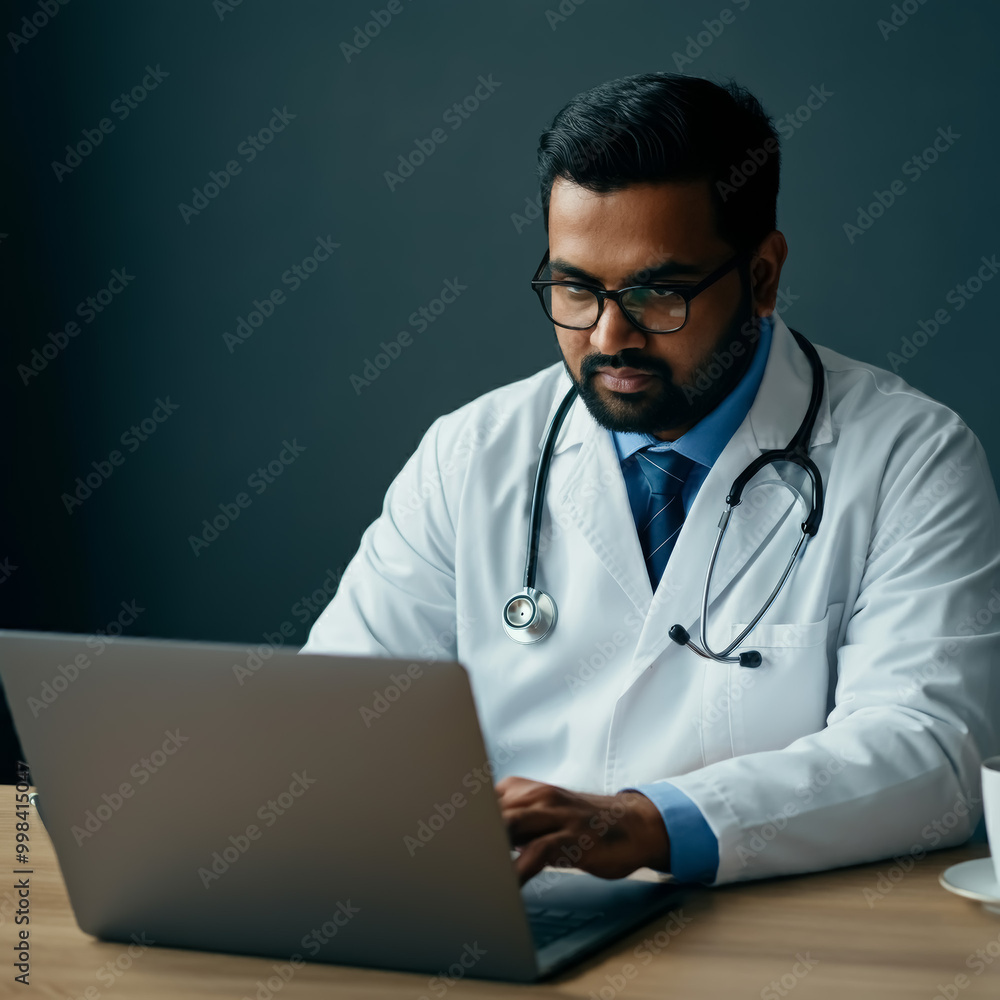 Male indian doctor using laptop, accessing electronic Health records, review patient medical history. Clinic concept. Male indian doctor using laptop, accessing electronic Health records, review patient medical history. Clinic concept.
