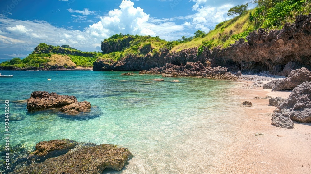 A remote, tranquil beach with clear water and coral reefs, surrounded by rocky cliffs and tropical greenery. A remote, tranquil beach with clear water and coral reefs, surrounded by rocky cliffs and tropical greenery.