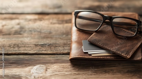 Leather wallet with a pair of glasses and business cards, professional essentials concept