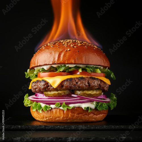 Burger on fire background photo