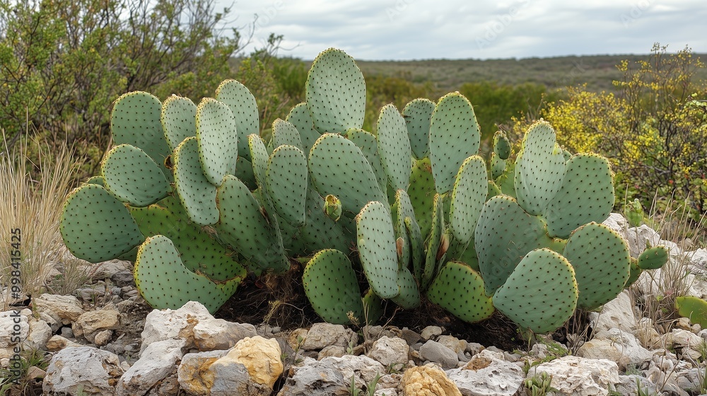 A vibrant cluster of prickly pear cacti thriving among rocky terrain under a cloudy sky in a southwestern landscape A vibrant cluster of prickly pear cacti thriving among rocky terrain under a cloudy sky in a southwestern landscape