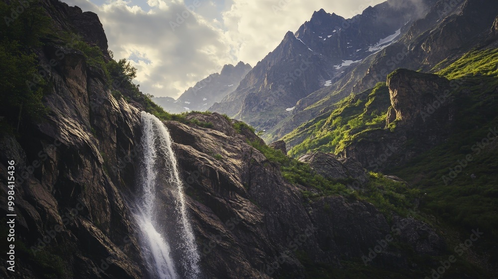 The sight of a waterfall cascading down from rugged mountain cliffs is both powerful and serene. The sight of a waterfall cascading down from rugged mountain cliffs is both powerful and serene.
