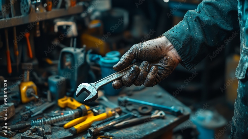 Hand Holding Adjustable Wrench in Workshop Hand Holding Adjustable Wrench in Workshop