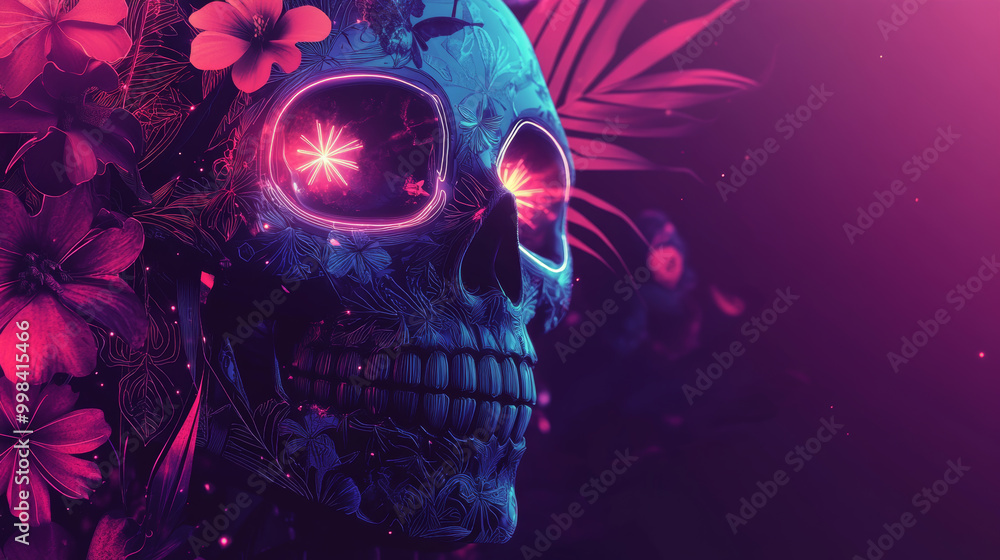 vibrant geometric candy skull adorned with glowing neon details and surrounded by colorful flowers creates striking visual. interplay of light and color evokes sense of intrigue and celebration vibrant geometric candy skull adorned with glowing neon details and surrounded by colorful flowers creates striking visual. interplay of light and color evokes sense of intrigue and celebration