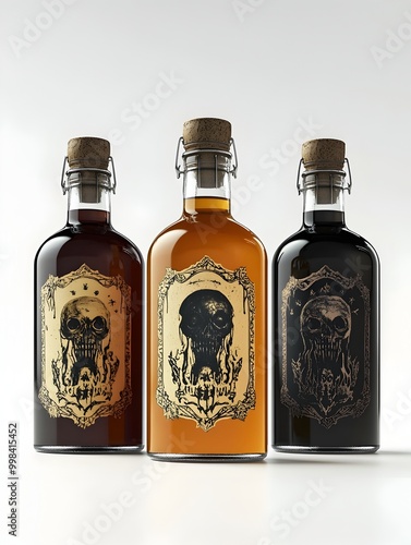 Spooky Gothic Style Halloween Liquor Bottles on Minimalist White Background