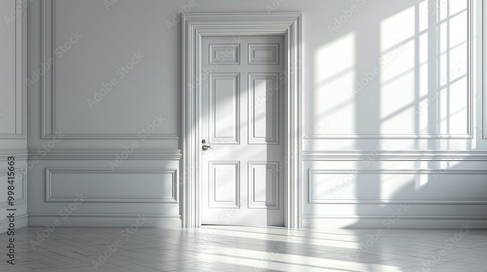 A softly lit interior featuring a white door, elegant moldings, and light streaming through large windows, creating a serene and minimalistic atmosphere. A softly lit interior featuring a white door, elegant moldings, and light streaming through large windows, creating a serene and minimalistic atmosphere.