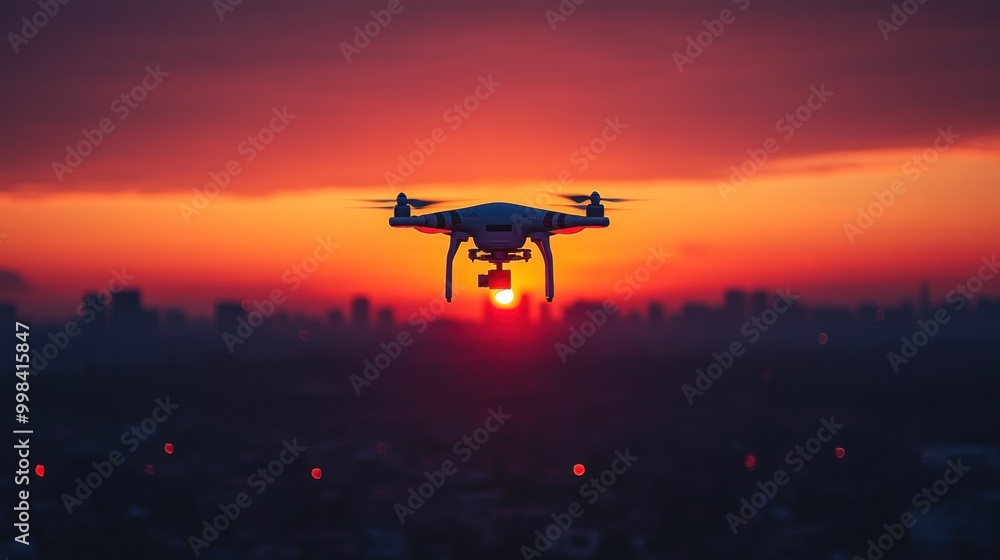 Silhouette of drone flying above city at sunset Silhouette of drone flying above city at sunset