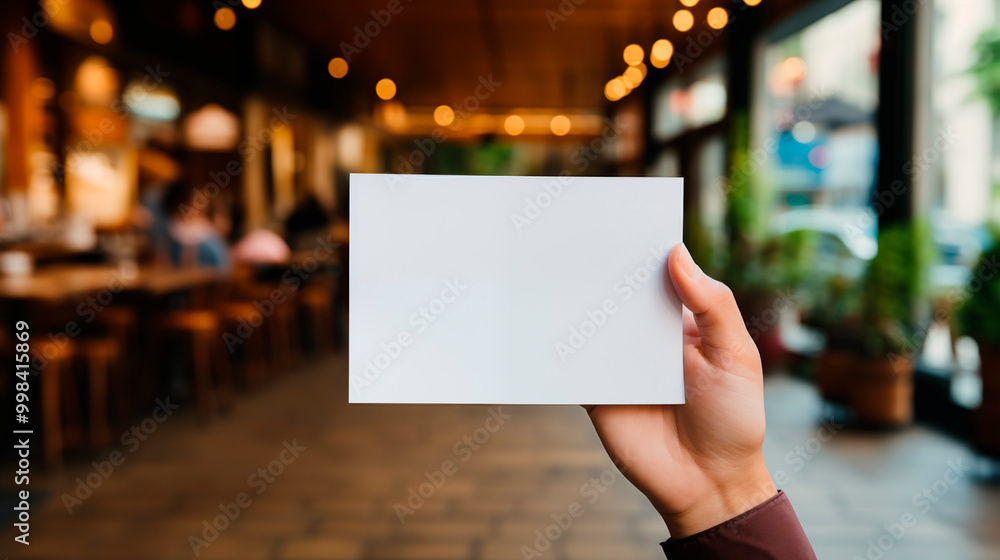 Hand displaying blank card mockup in modern outdoor cafe. Coffeeshop natural lighting. Business promotion template advertising image. Invitation mock up product photorealistic Hand displaying blank card mockup in modern outdoor cafe. Coffeeshop natural lighting. Business promotion template advertising image. Invitation mock up product photorealistic