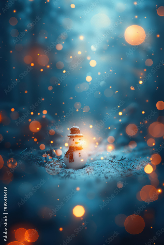 Fototapeta premium Snowy Background with Snowman and Lights