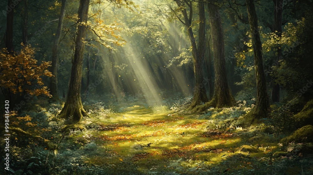 Obraz premium Sunlight streams through a dense forest, illuminating the path and fallen leaves.