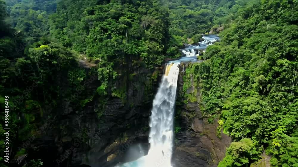 dense green rainforest conceals breathtaking waterfall cascading layered rocks revealed keen eye drone rich biodiversity exotic beauty dense green rainforest conceals breathtaking waterfall cascading layered rocks revealed keen eye drone rich biodiversity exotic beauty