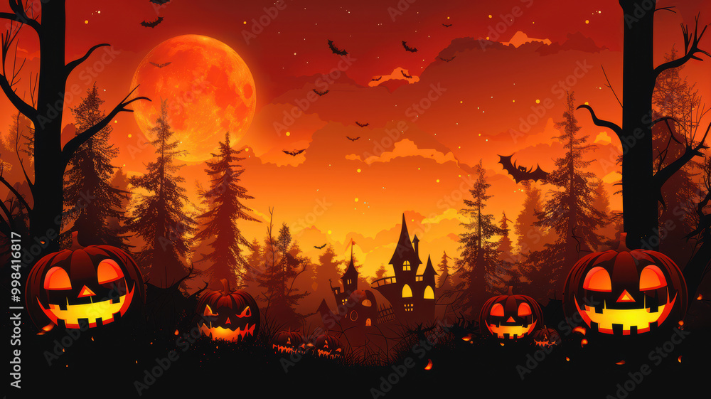 Cartoon Halloween Scene with Pumpkins Cartoon Halloween Scene with Pumpkins