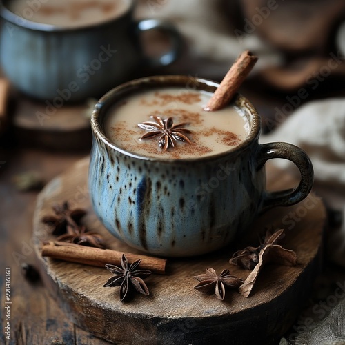 A rustic ceramic cup filled with chai tea, garnished with cinnamon sticks and star anise, placed on a wooden board photo