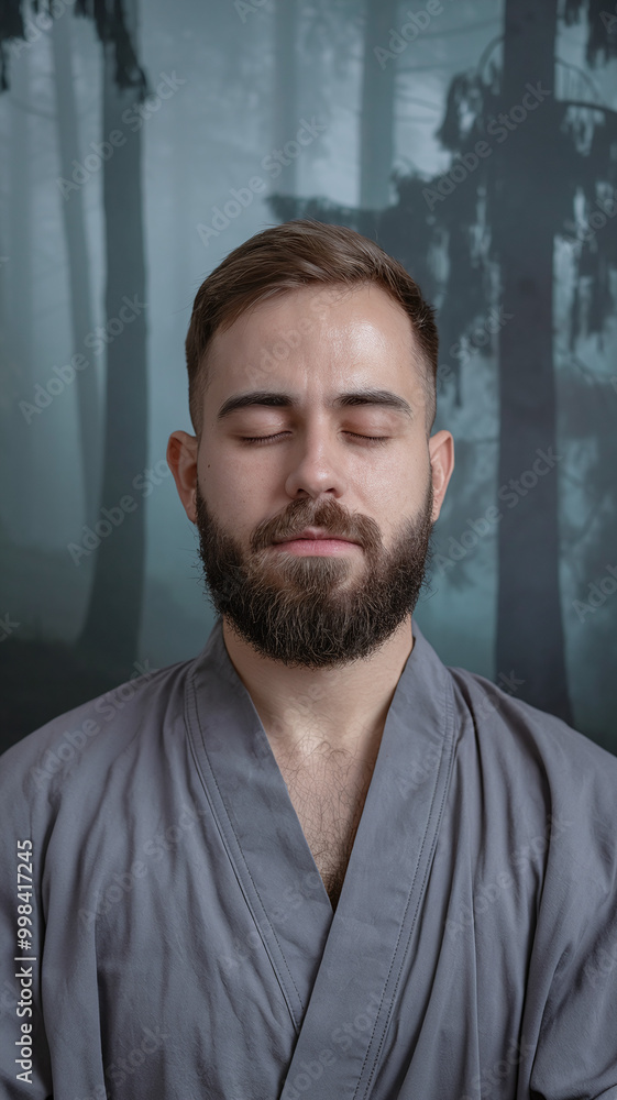 Fototapeta premium Serene Bearded Man Meditating in Misty Forest Setting