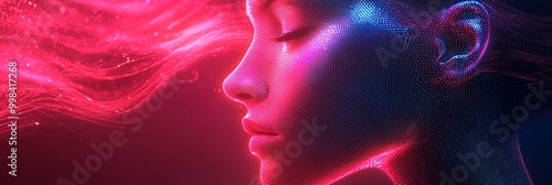 A vivid digital art showcasing a neon wireframe ear and abstract forms on a dark background, highlighting intricate details and representing the essence of human connectivity. photo