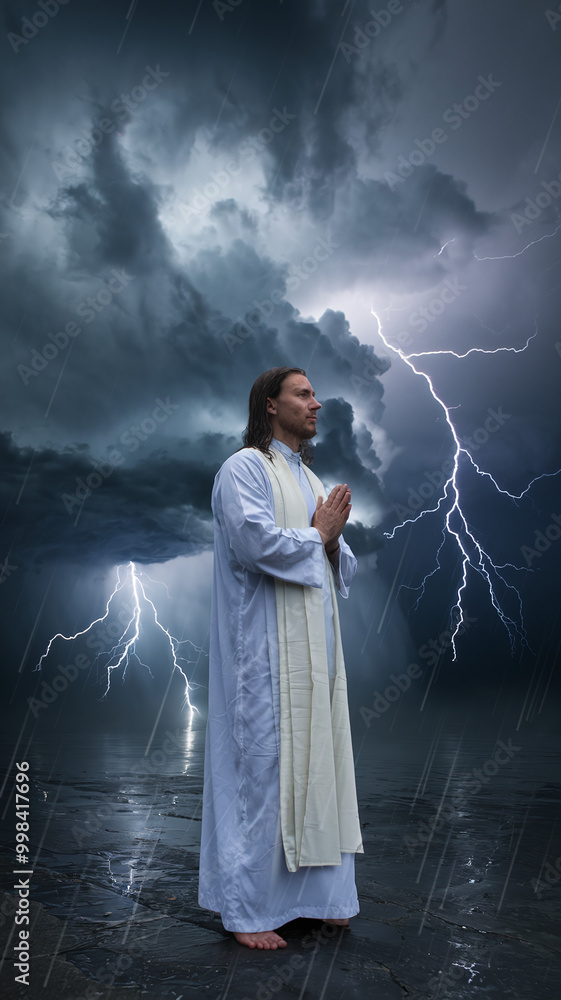 Man in White Robes Standing in Stormy Weather with Lightning and Dark Clouds Man in White Robes Standing in Stormy Weather with Lightning and Dark Clouds