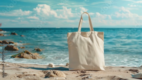 Obraz na płótnie Canvas beach bag mockup on sandy shoreline with seashells, ai generated w salonie