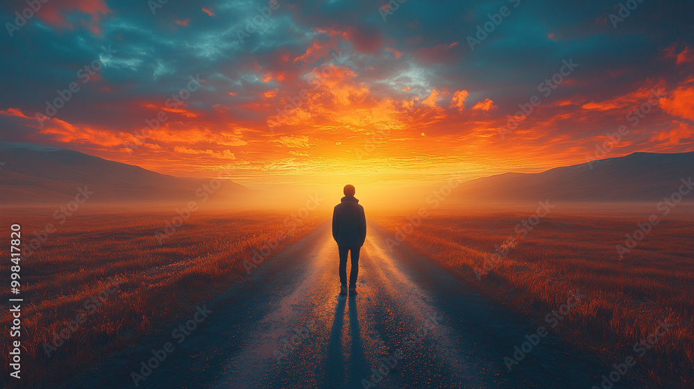 A solitary figure walks down a tranquil road at sunset, surrounded by vibrant sky colors and a peaceful landscape. A solitary figure walks down a tranquil road at sunset, surrounded by vibrant sky colors and a peaceful landscape.