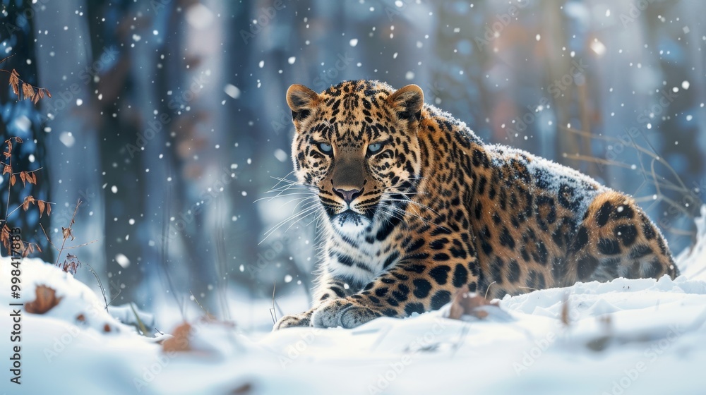 Majestic Leopard Stalking Through Snowy Forest Wilderness Majestic Leopard Stalking Through Snowy Forest Wilderness