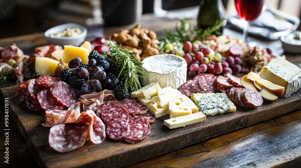 A rustic wooden table with a charcuterie board featuring assorted cheeses, cured meats, fruits, and nuts. A rustic wooden table with a charcuterie board featuring assorted cheeses, cured meats, fruits, and nuts.