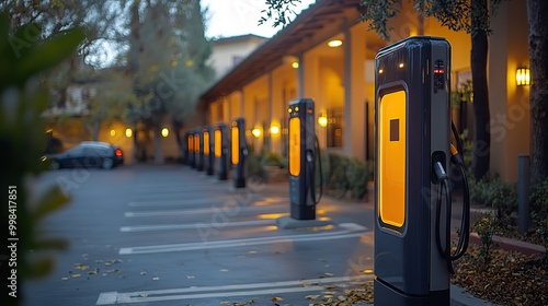 A state-of-the-art electric vehicle charger is installed in a covered parking area, showcasing urban infrastructure’s technological evolution.