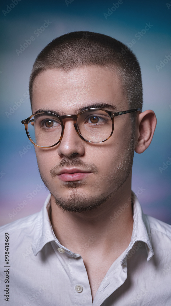 Young Man with Glasses in White Shirt Against Soft Blue and Purple Background Young Man with Glasses in White Shirt Against Soft Blue and Purple Background