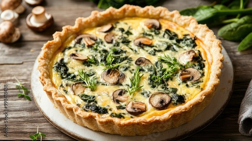 A savory quiche with a flaky crust, filled with spinach, mushrooms, and cheese, garnished with fresh herbs.