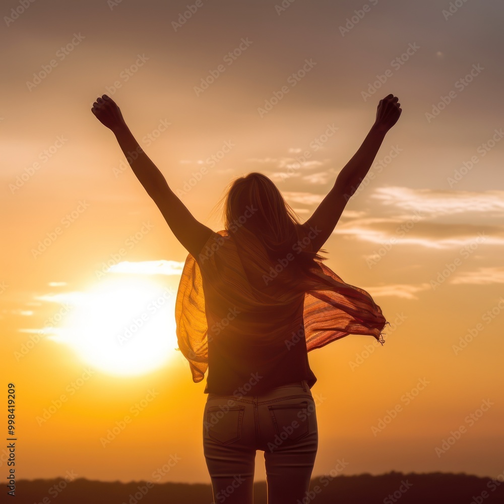 Silhouette of a Woman Celebrating at Sunset Silhouette of a Woman Celebrating at Sunset