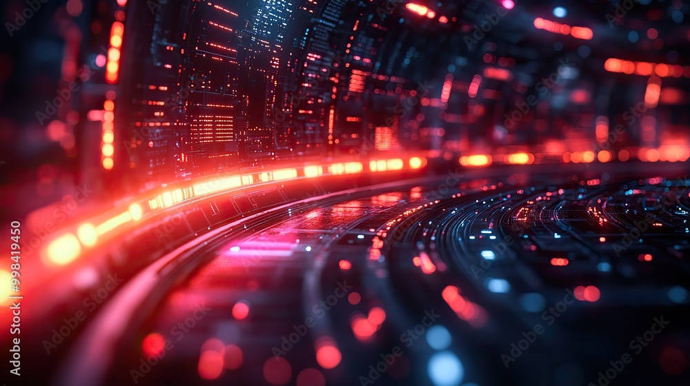 A technology-themed design showing a network structure with curved neon lines, representing data transfer and connectivity in a futuristic interface.