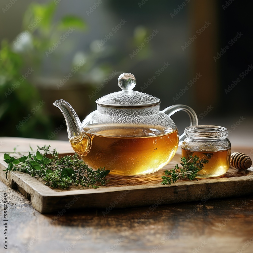 A serene scene of a simple glass teapot brewing herbal tea, placed on a wooden tray with fresh herbs and a small jar of honey beside i A serene scene of a simple glass teapot brewing herbal tea, placed on a wooden tray with fresh herbs and a small jar of honey beside i
