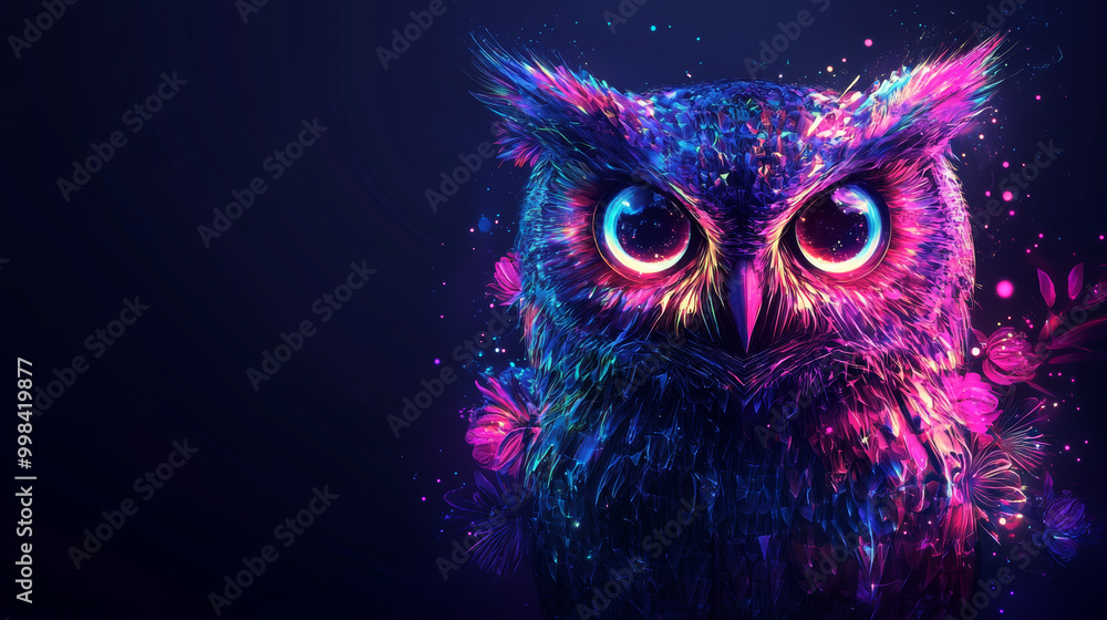 vibrant, geometric owl with glowing neon details stands out against dark background, surrounded by colorful floral elements, creating captivating and mystical atmosphere vibrant, geometric owl with glowing neon details stands out against dark background, surrounded by colorful floral elements, creating captivating and mystical atmosphere