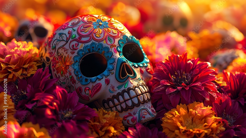 Skull covered with colorful flowers. Death and rebirth. Cinco De Mayo or Dia de Muertos. Skull covered with colorful flowers. Death and rebirth. Cinco De Mayo or Dia de Muertos.