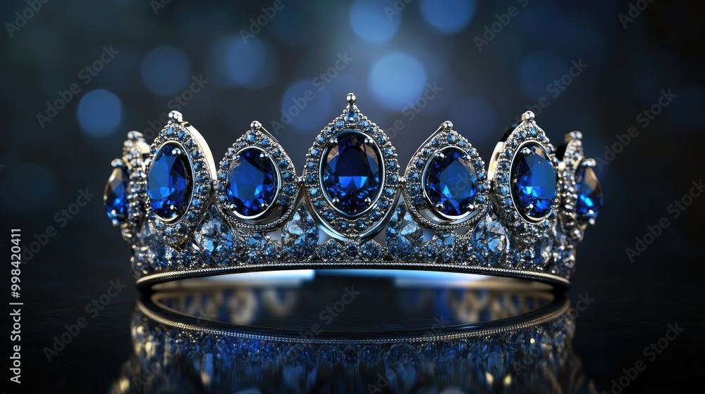 A silver crown adorned with deep blue sapphires, glimmering on a reflective surface, exuding luxury and elegance A silver crown adorned with deep blue sapphires, glimmering on a reflective surface, exuding luxury and elegance