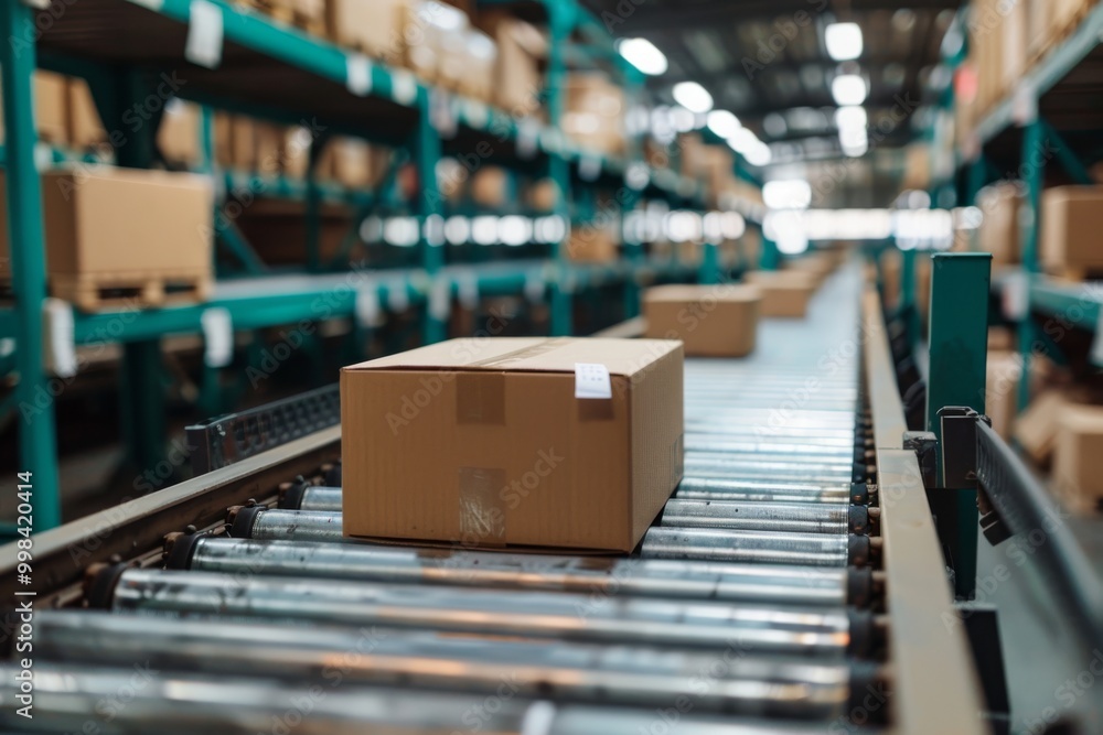 Cardboard box on a conveyor belt in a large warehouse. Logistic and packaging concept for industrial and delivery Cardboard box on a conveyor belt in a large warehouse. Logistic and packaging concept for industrial and delivery