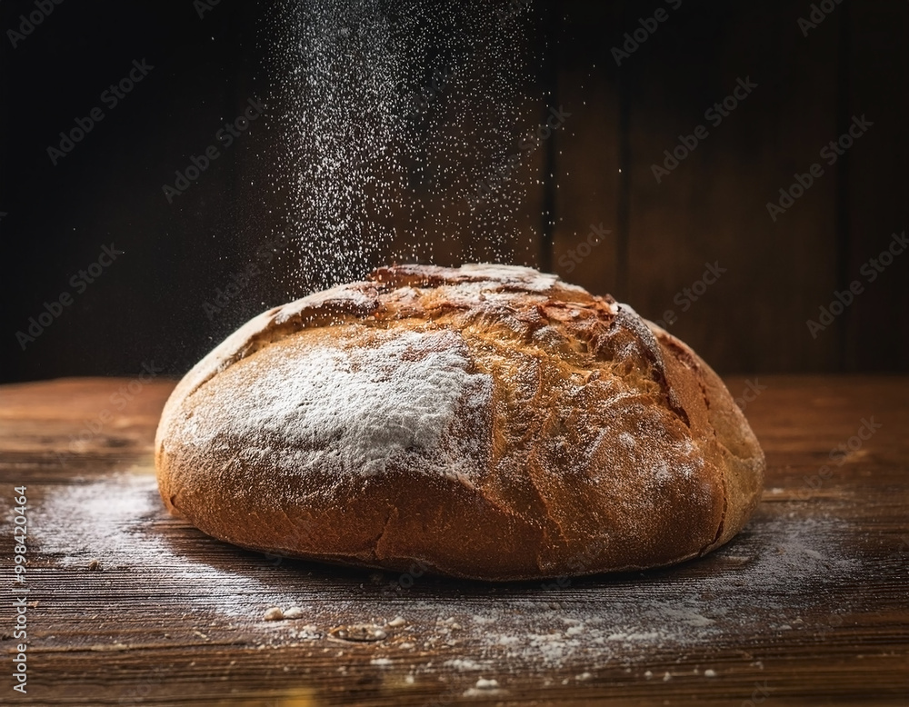 Freshly baked bread sprinkled with flour on a wooden surface Freshly baked bread sprinkled with flour on a wooden surface