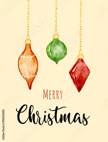 Merry Christmas greeting card with ornaments, watercolor vintage style