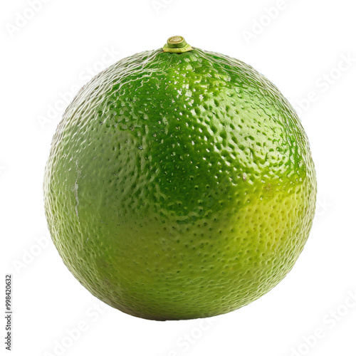 Single green lime is sitting on a white background showing its rough textured skin photo